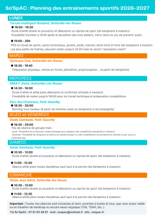 Planning des entrainements sportifs 2026-2027, du choix et des nouveautés