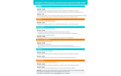 Planning des entrainements sportifs 2026-2027, du choix et des nouveautés